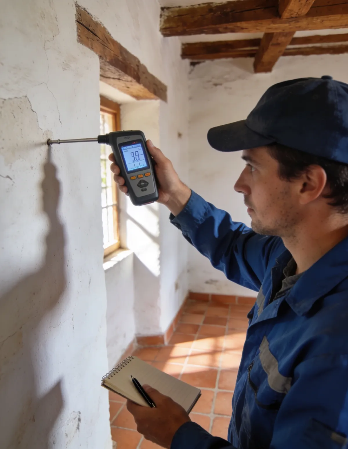 Técnico HUMIX midiendo la humedad de un muro antiguo en Consuegra
